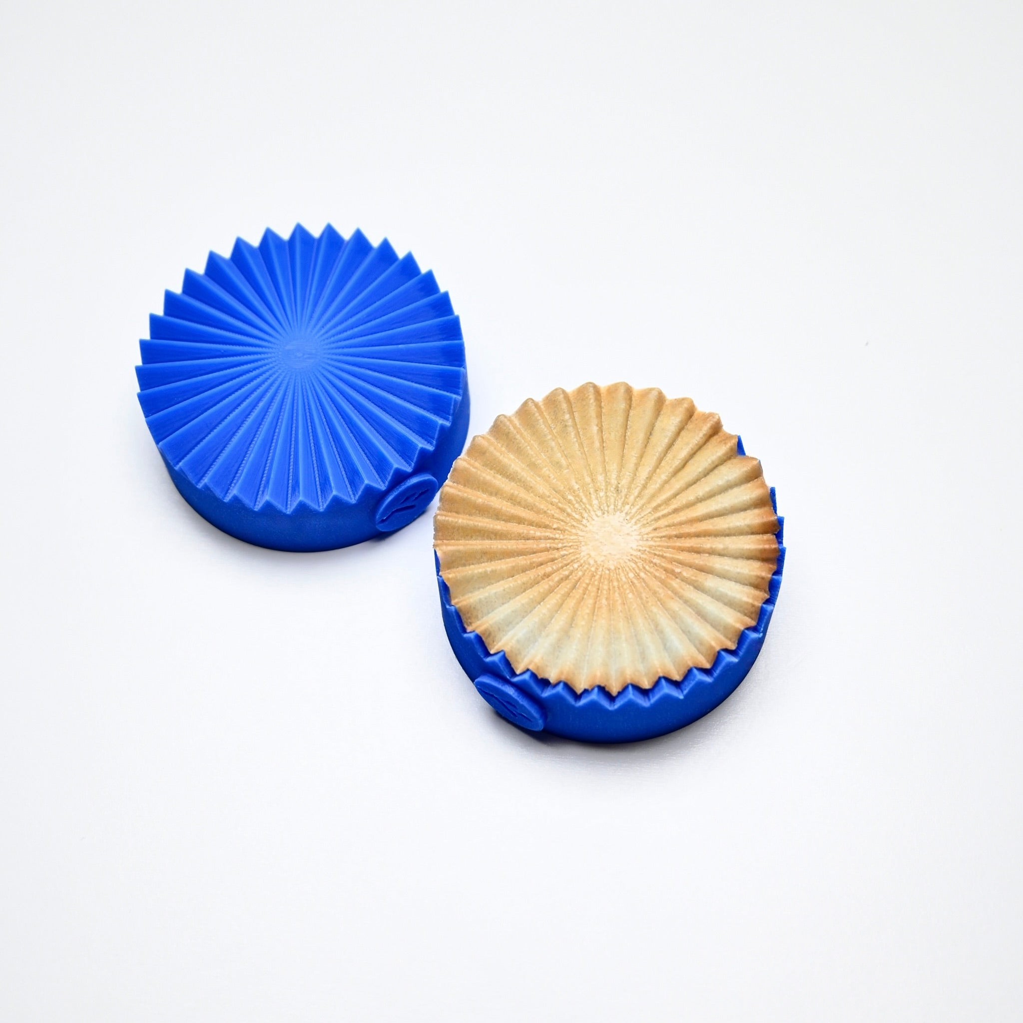 Blue silicone fan press mold with a matching pleated pastry tuile.