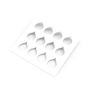 White plastic birch leaf stencil with twelve serrated leaf-shaped cutouts for pastry decoration.