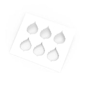 White plastic pastry stencil featuring six birch leaf-shaped cutouts with detailed serrated edges.