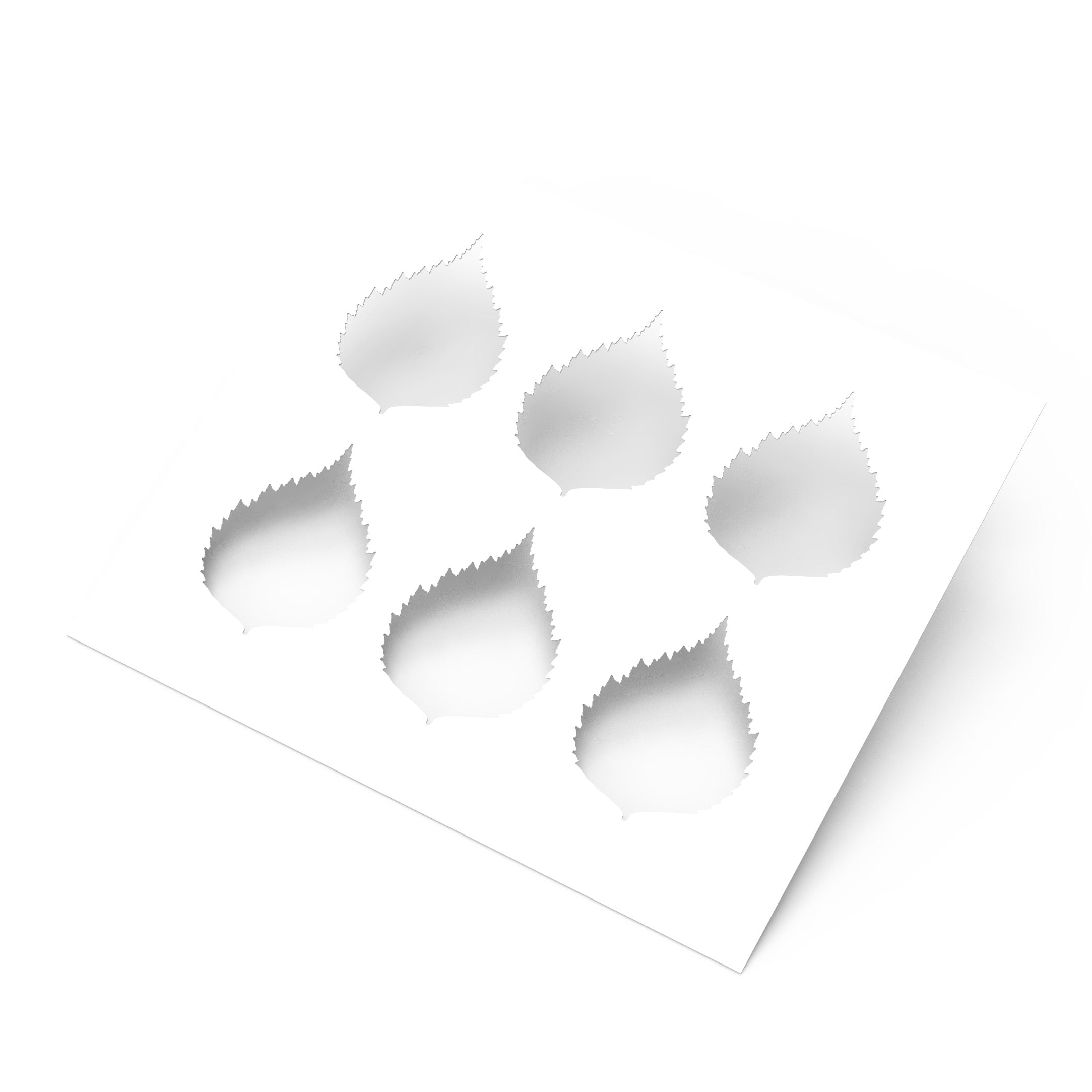 White plastic pastry stencil featuring six serrated birch leaf cutouts.