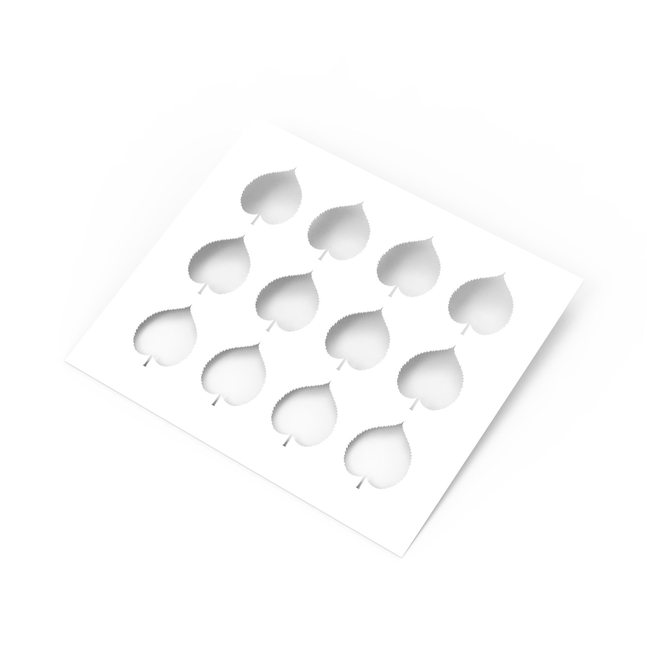 White Linden leaf stencil with twelve heart-shaped botanical cutouts for pastry design.