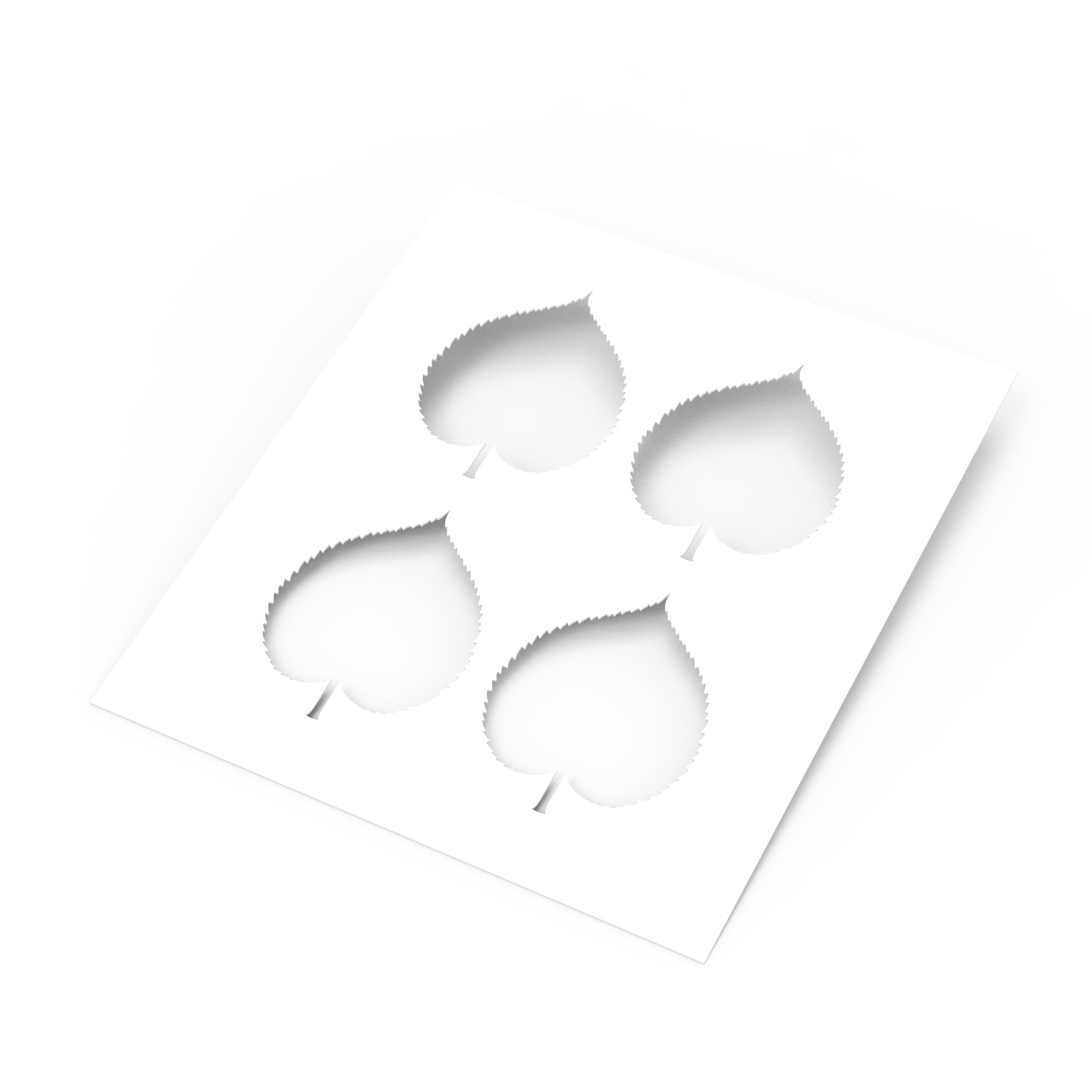 White Linden Leaf pastry stencil featuring four heart-shaped botanical leaf cutouts with serrated edges.