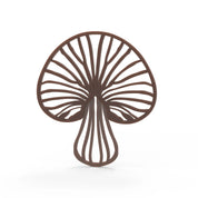Brown silicone tuile mat in a detailed, ribbed mushroom shape for culinary garnishes.