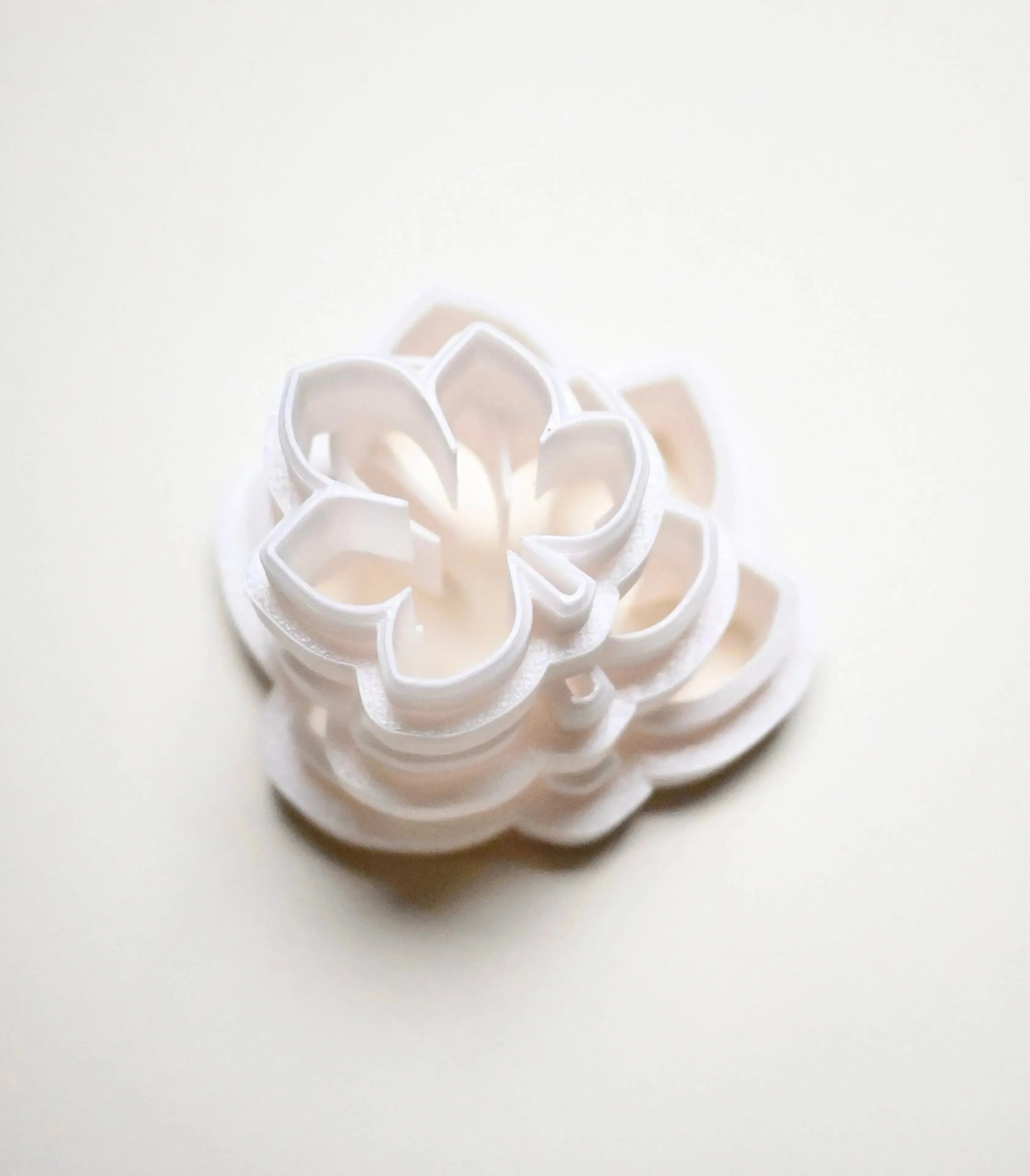 Stacked white plastic horse chestnut leaf cookie cutters in various sizes.