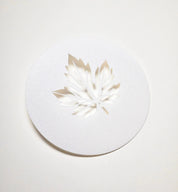 White circular plastic pastry stencil with a detailed vine leaf cutout.