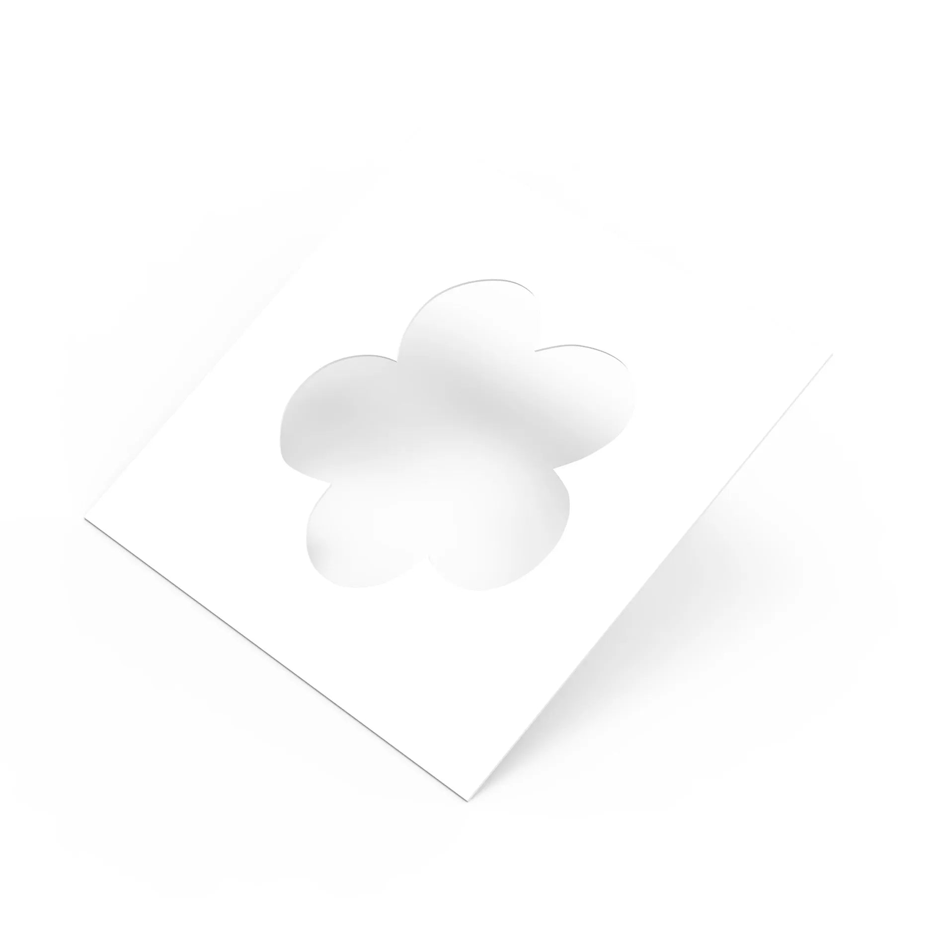 White square pastry stencil with a five-petal strawberry flower cutout.