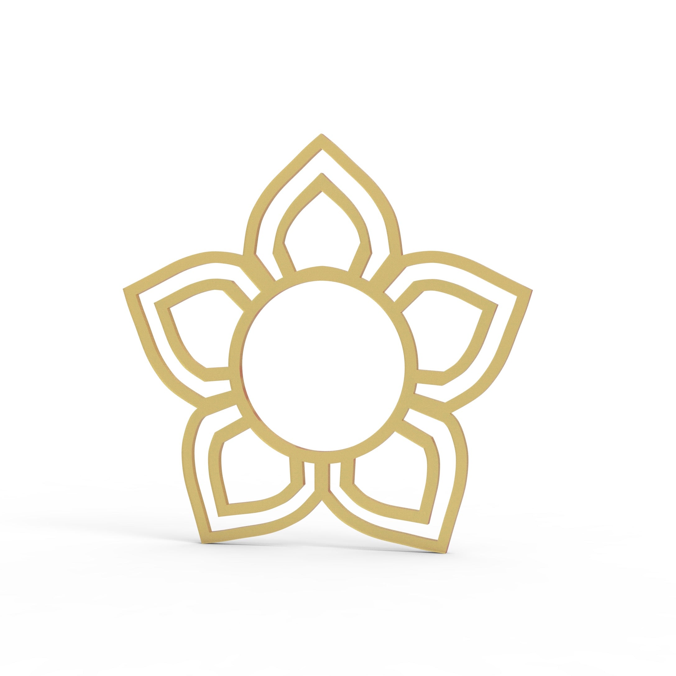 Gold five-petal flower-shaped silicone tuile mold on a white background.