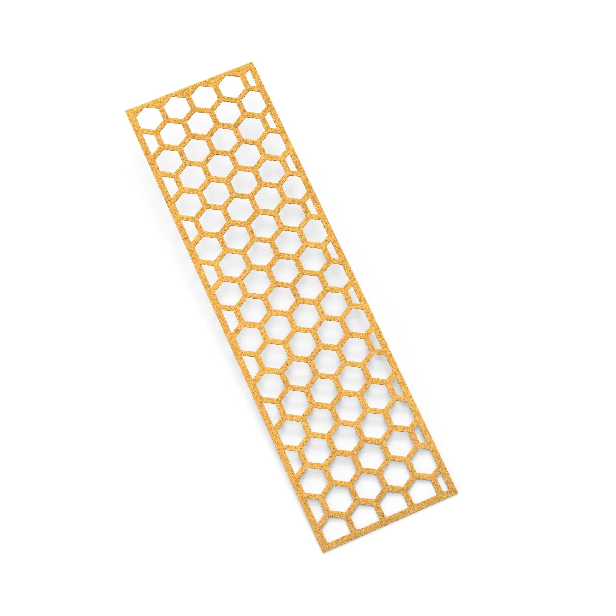 Yellow silicone tuile mat with a long, rectangular honeycomb pattern of open hexagonal molds.