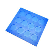 Blue silicone Linden leaf tuile mold with twelve detailed leaf-shaped cavities.
