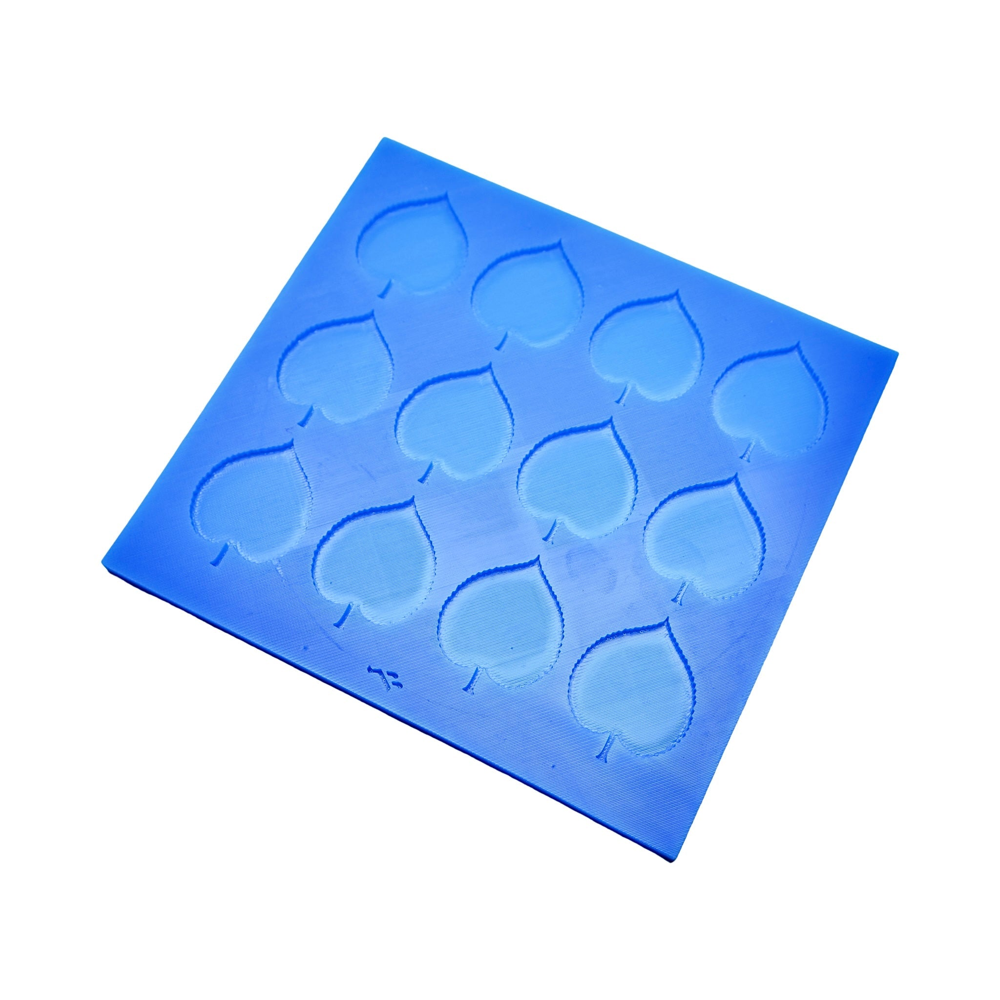 Blue silicone Linden leaf tuile mold with twelve detailed leaf-shaped cavities.