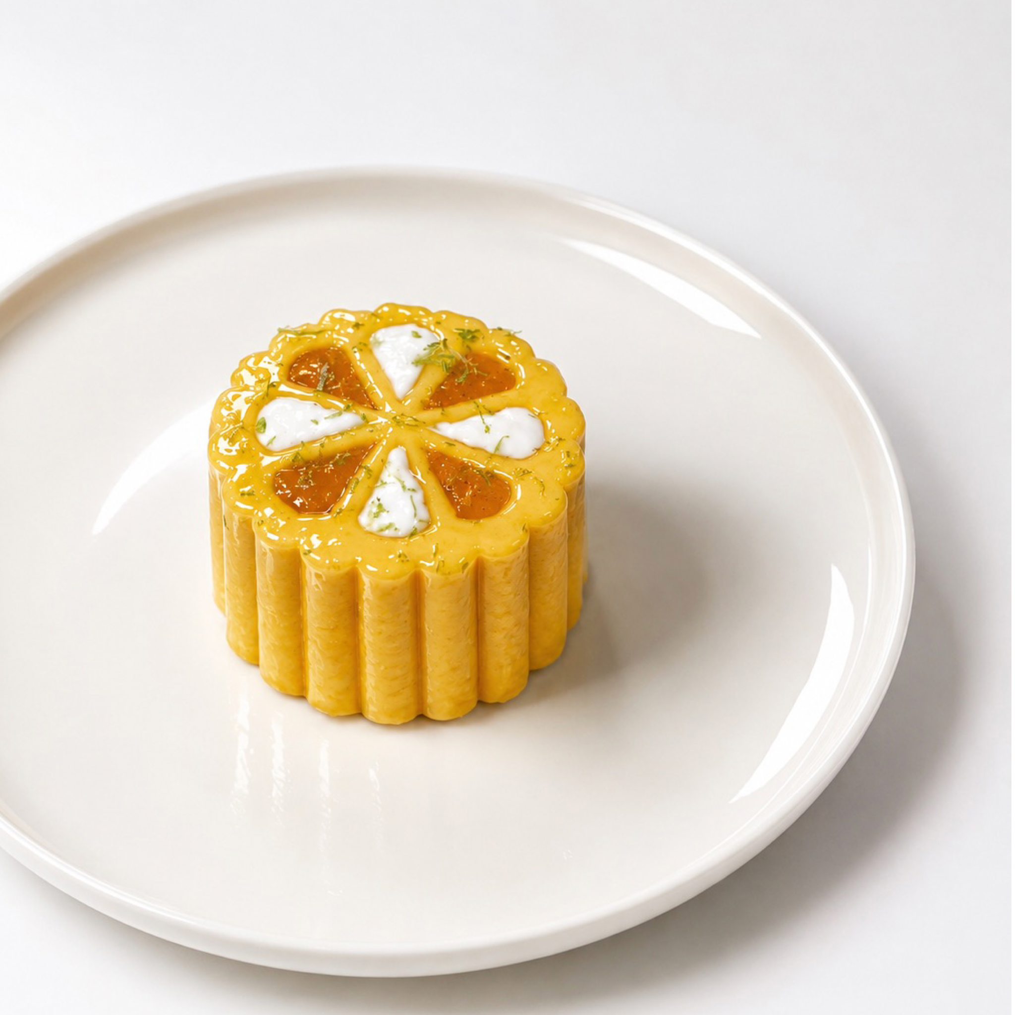 Yellow fluted flower dessert with orange and white fillings on a white plate.