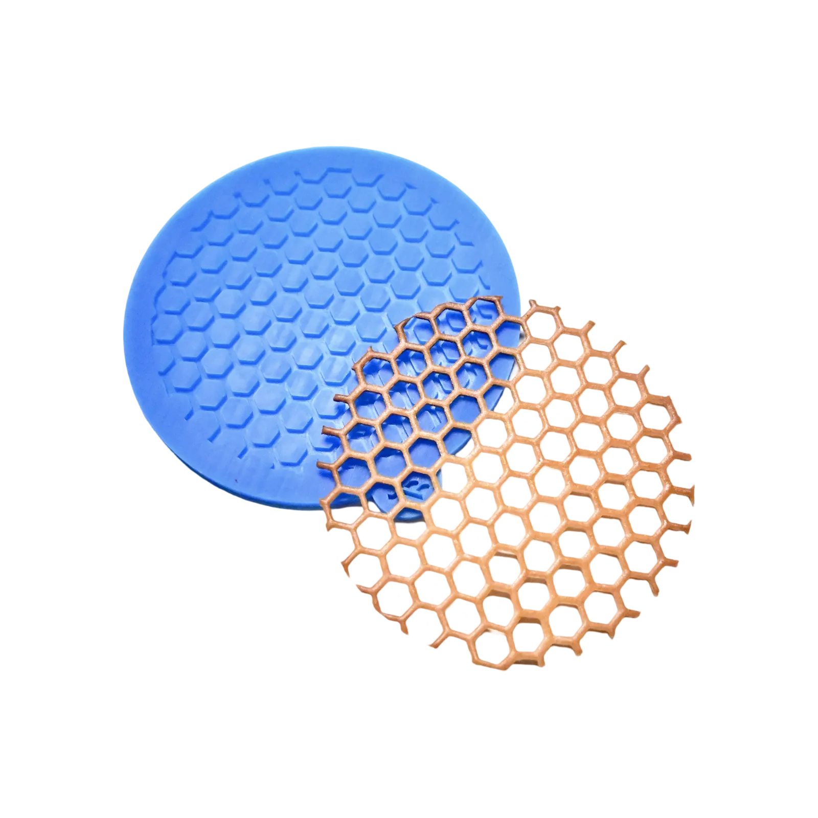 Blue circular silicone honeycomb tuile mold with a matching golden-brown baked tuile.