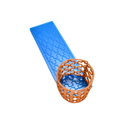 Blue silicone Baroque tuile mold with a brown, cross-patterned lace garnish.