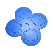 Blue silicone tuile mat with four circular molds featuring spiral, sunburst-like textured edges.
