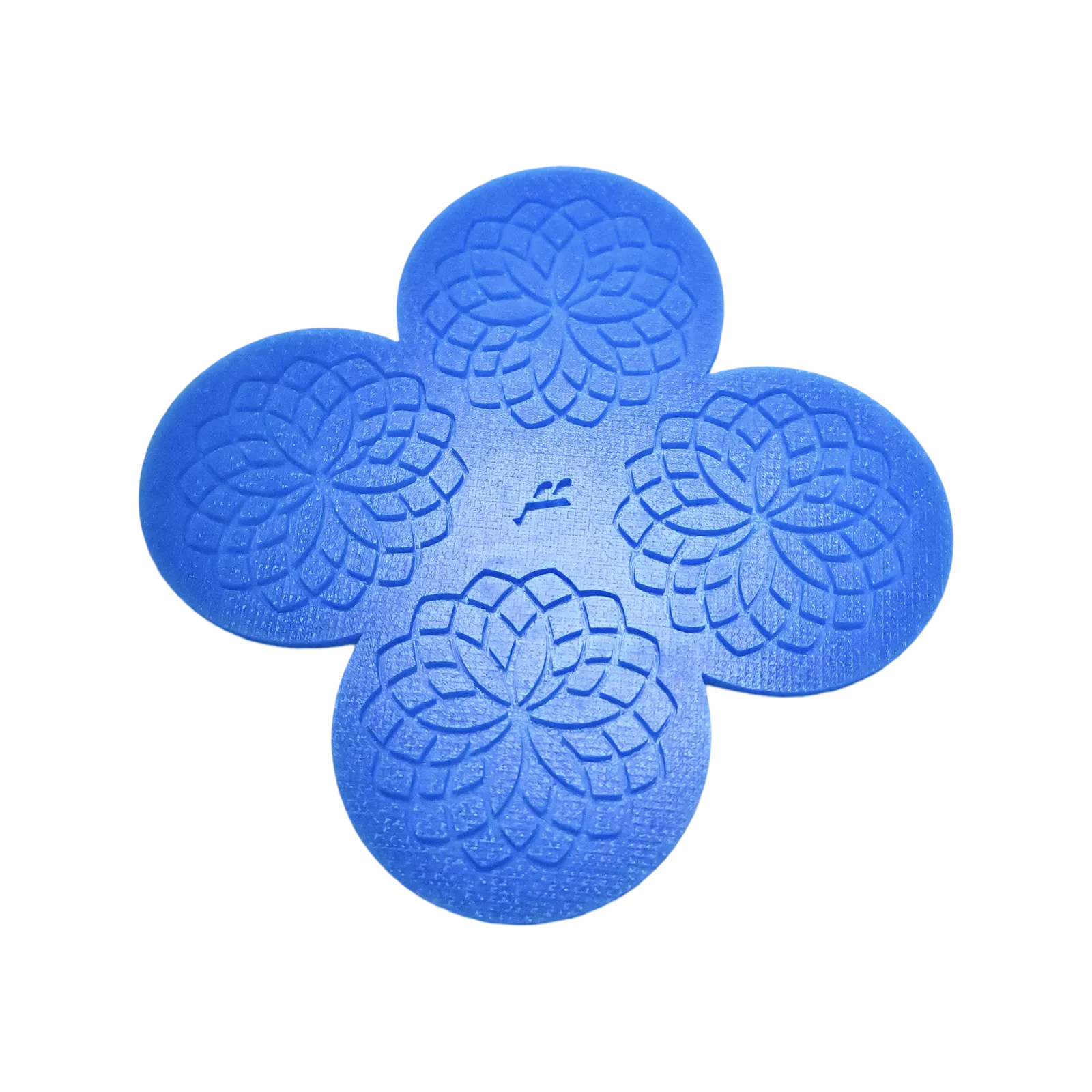 Blue silicone rosette tuile mat with four circular, flower-shaped molds.