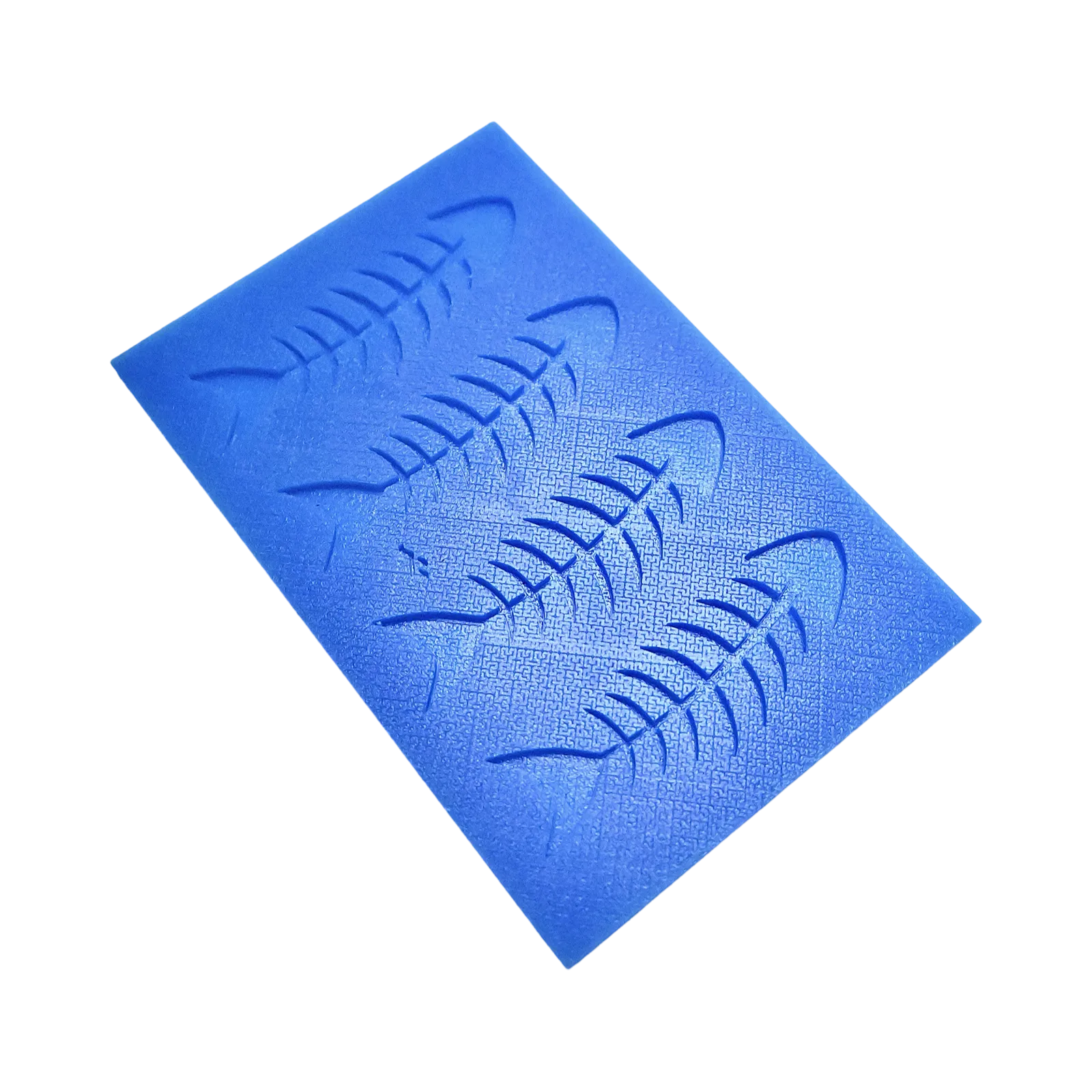 Blue silicone tuile mat featuring four detailed fish skeleton shaped molds.