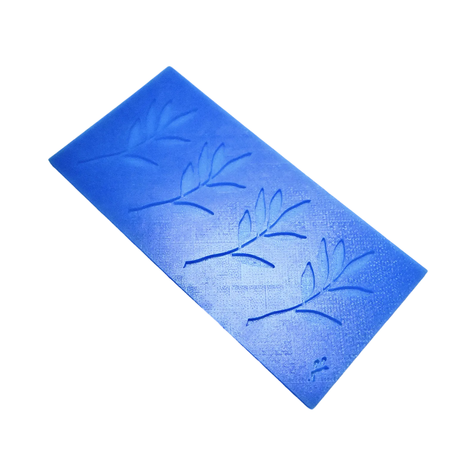 Blue silicone tuile mat featuring four olive branch leaf mold shapes.