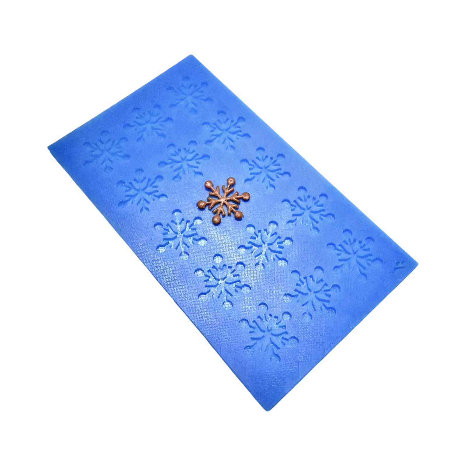 Blue silicone snowflake tuile mat with intricate snowflake-shaped molds.