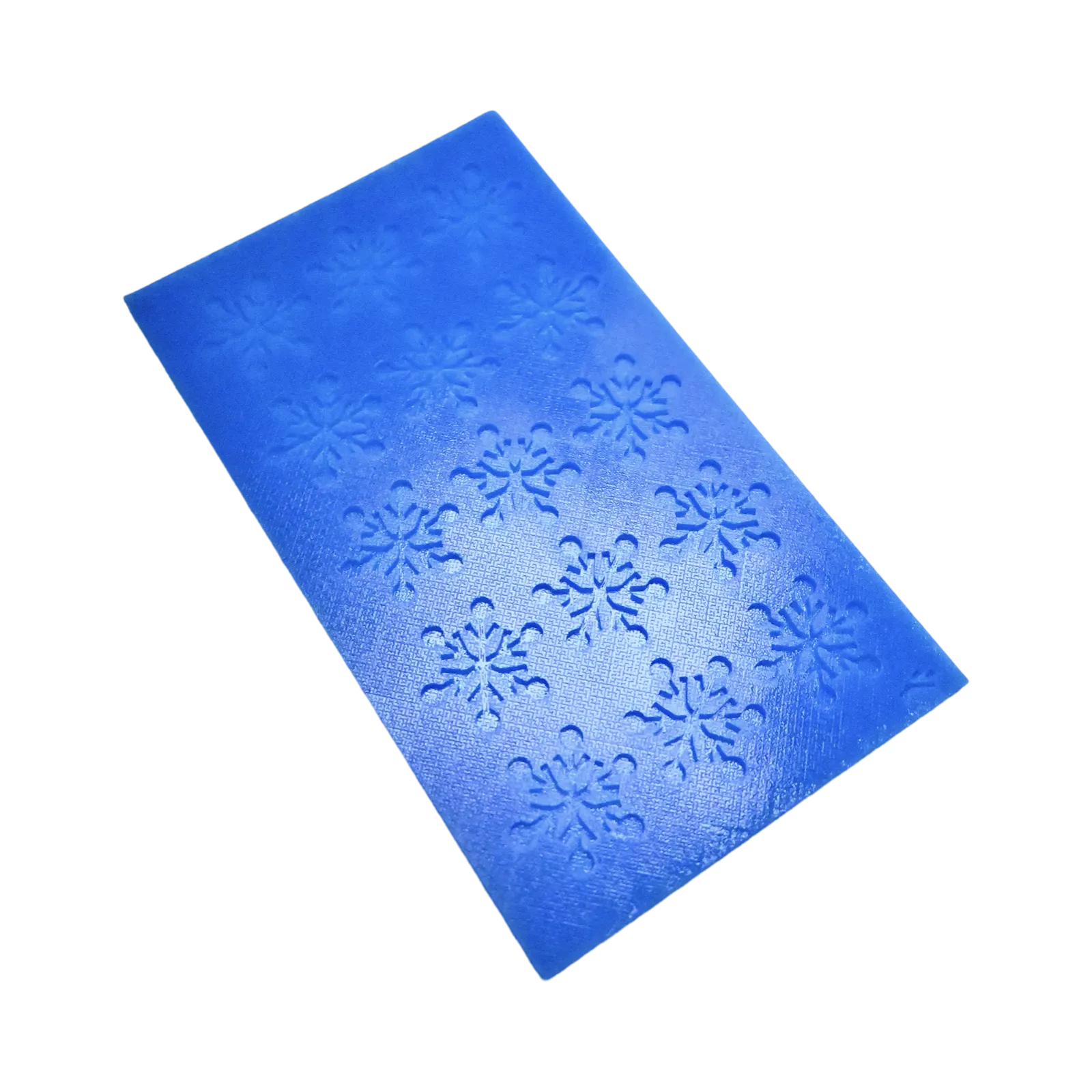 Blue silicone tuile mat with intricate snowflake-shaped molds for pastry baking.