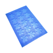 Blue silicone baking mat with multiple horse chestnut leaf shaped cavities.