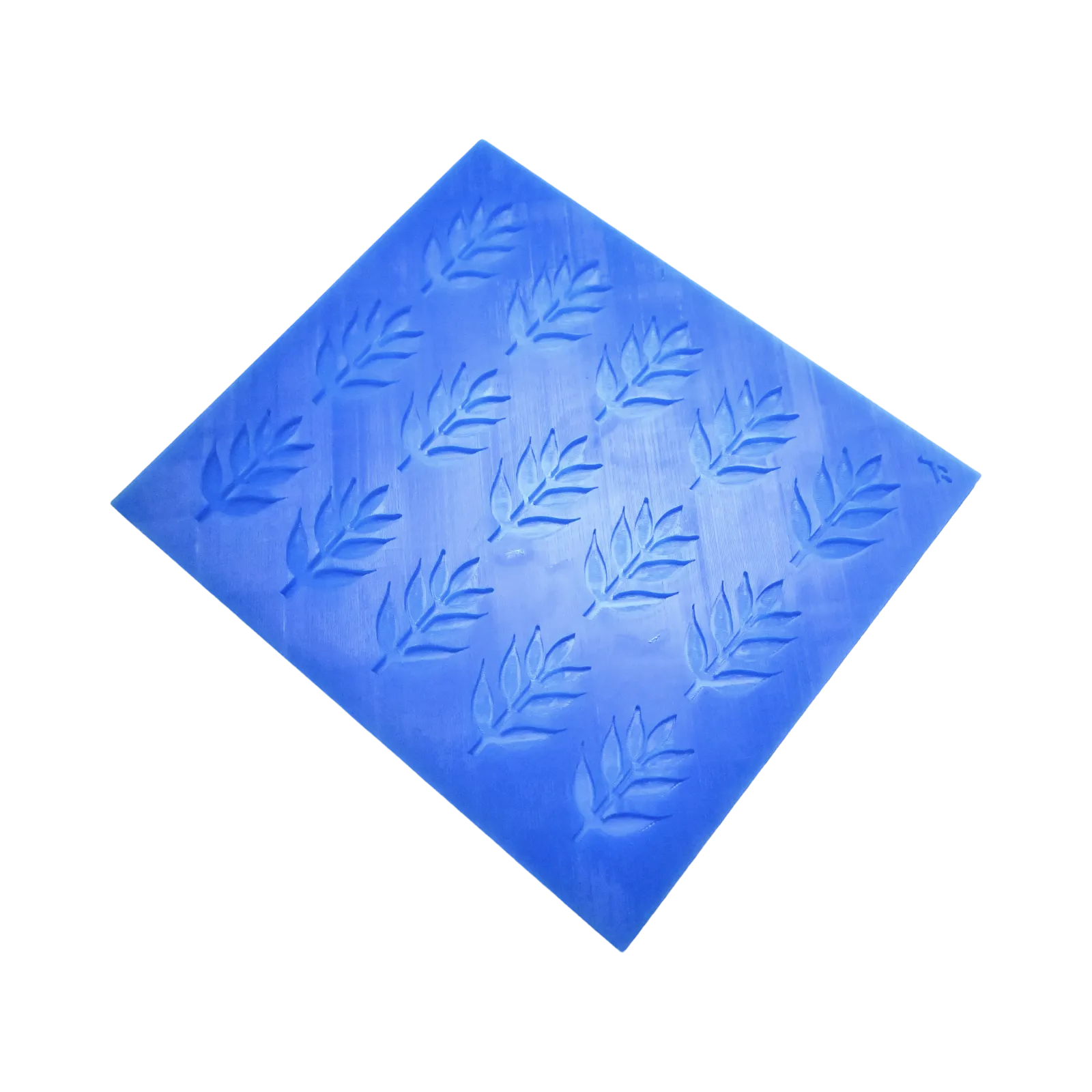 Blue silicone baking mat with multiple detailed ash leaf shaped tuile molds.