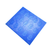 Blue silicone baking mat with multiple detailed ash leaf shaped tuile molds.