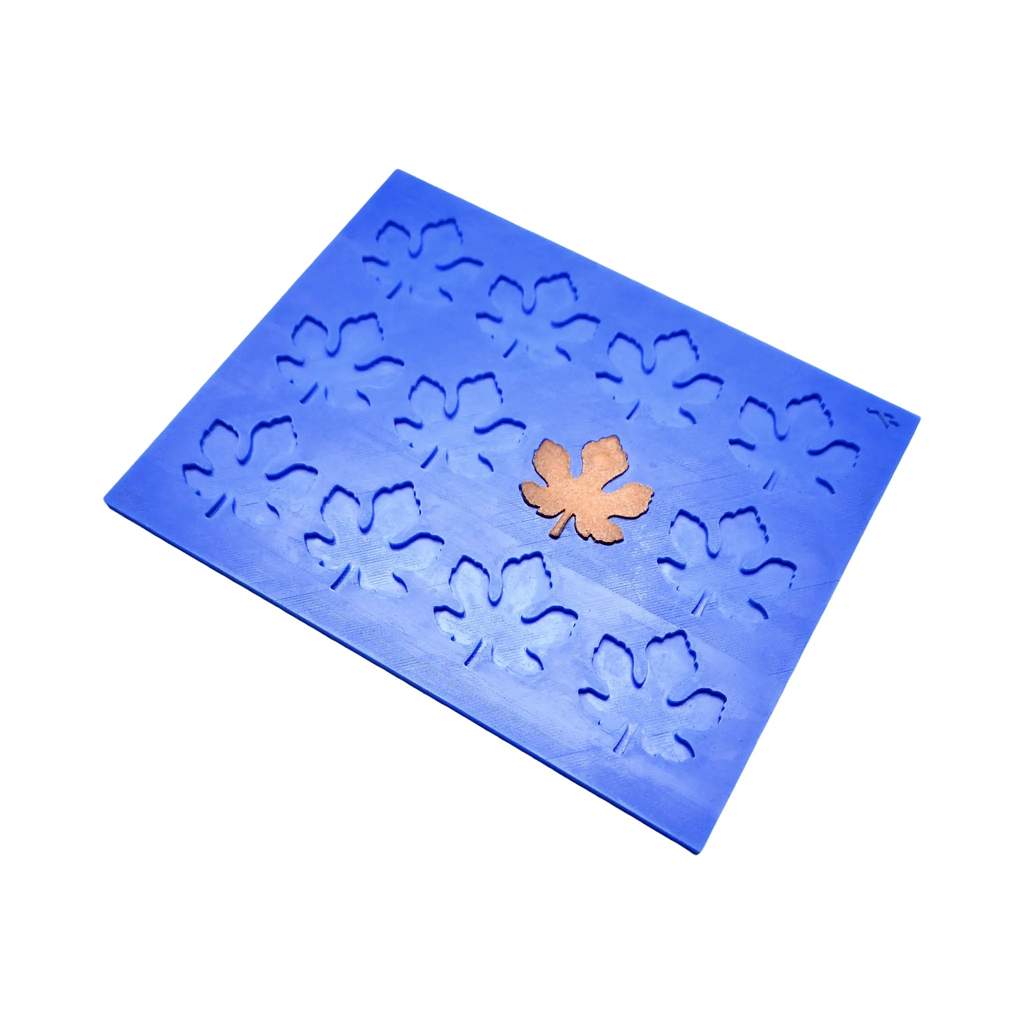 Blue silicone tuile mat with detailed fig leaf-shaped molds and one golden pastry leaf.