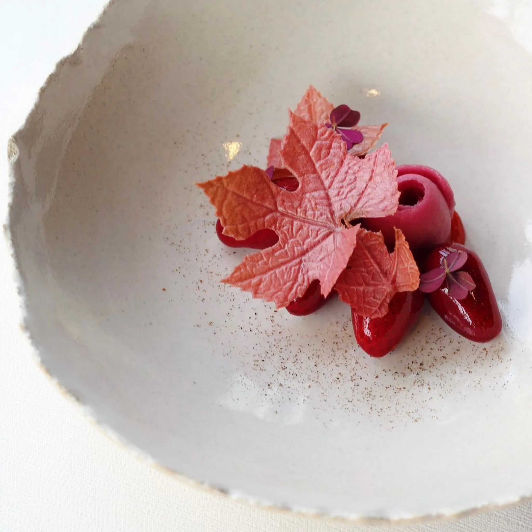 Delicate pink vine leaf tuile with detailed veining on a gourmet berry dessert.