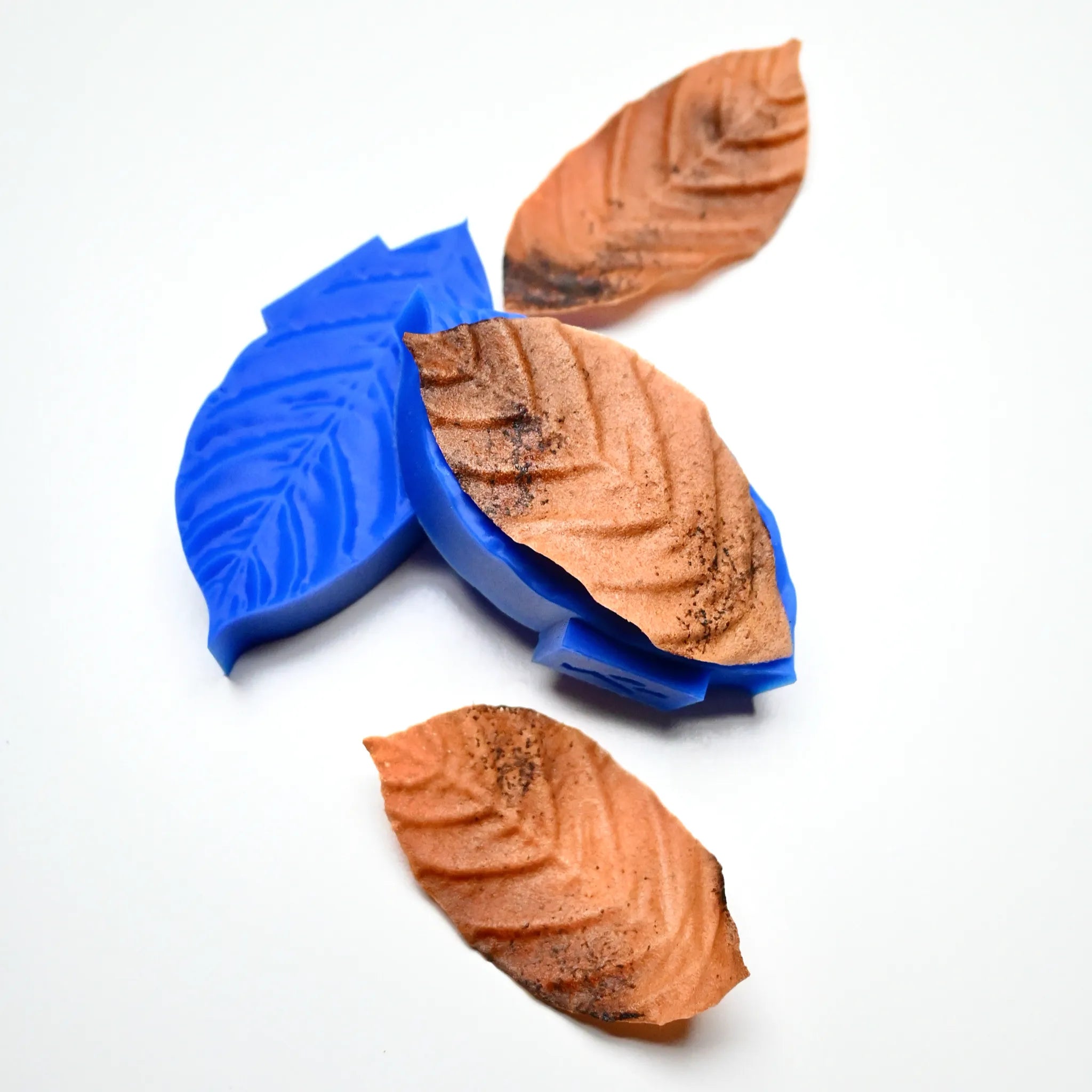 Blue silicone coffee leaf molds with realistic brown leaf-shaped culinary creations.