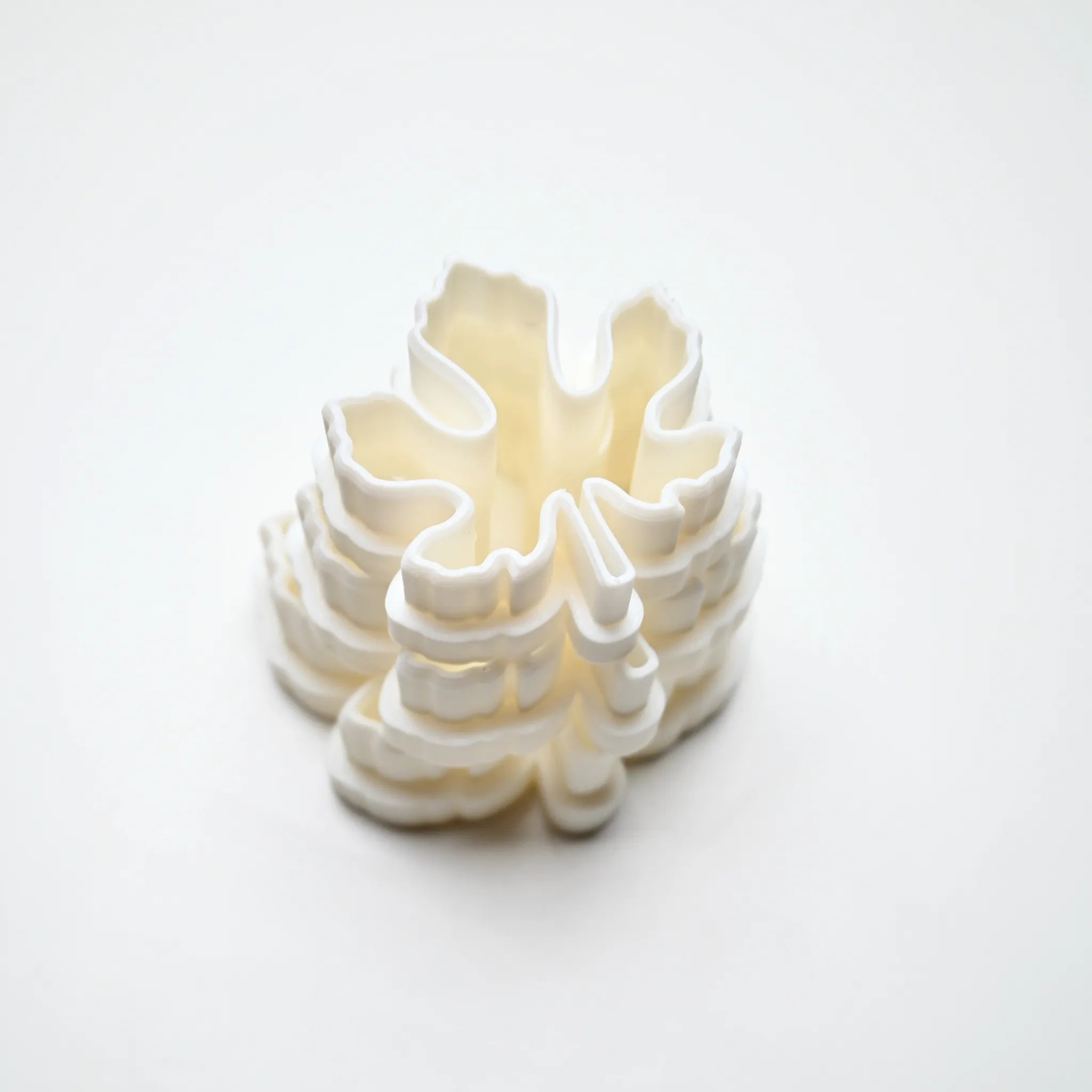 Stacked white plastic fig leaf cookie cutters showing their lobed botanical shape.