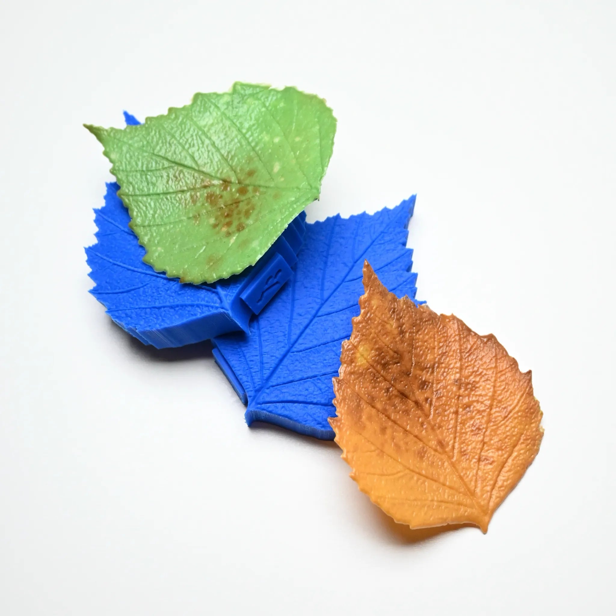 Blue birch leaf silicone molds shown with realistic green and brown pastry leaves.