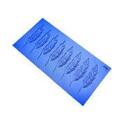 Blue silicone tuile mat featuring eight detailed feather-shaped molds.