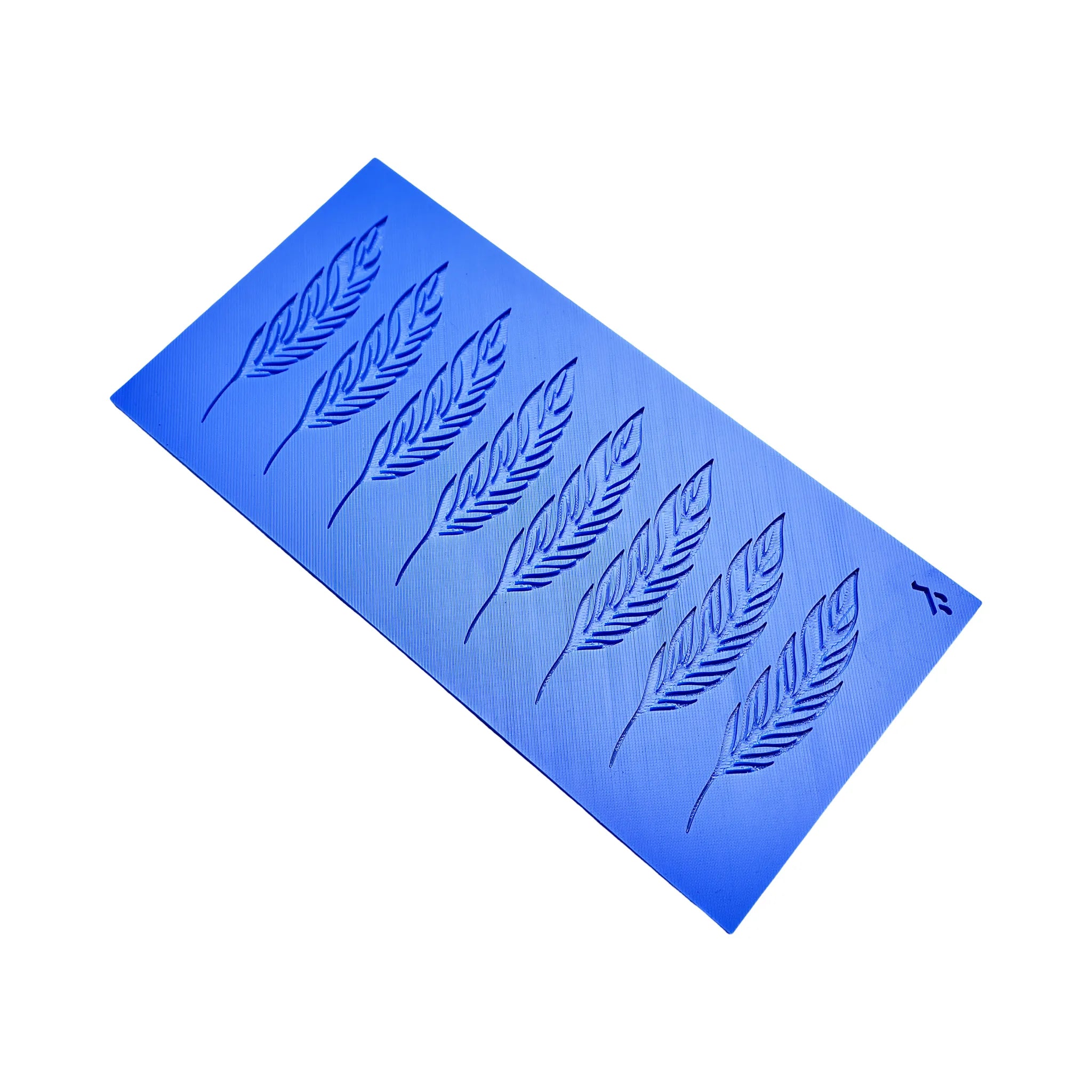 Blue silicone tuile mat featuring eight detailed feather-shaped molds.