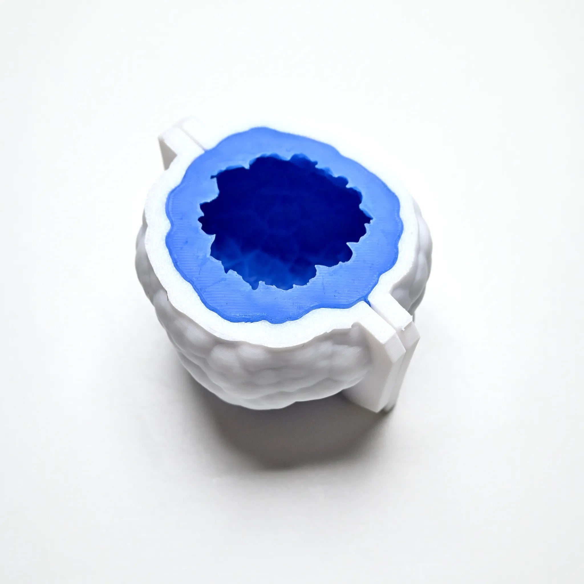 Blue textured silicone truffle mold inside a white rounded PLA counter mold.