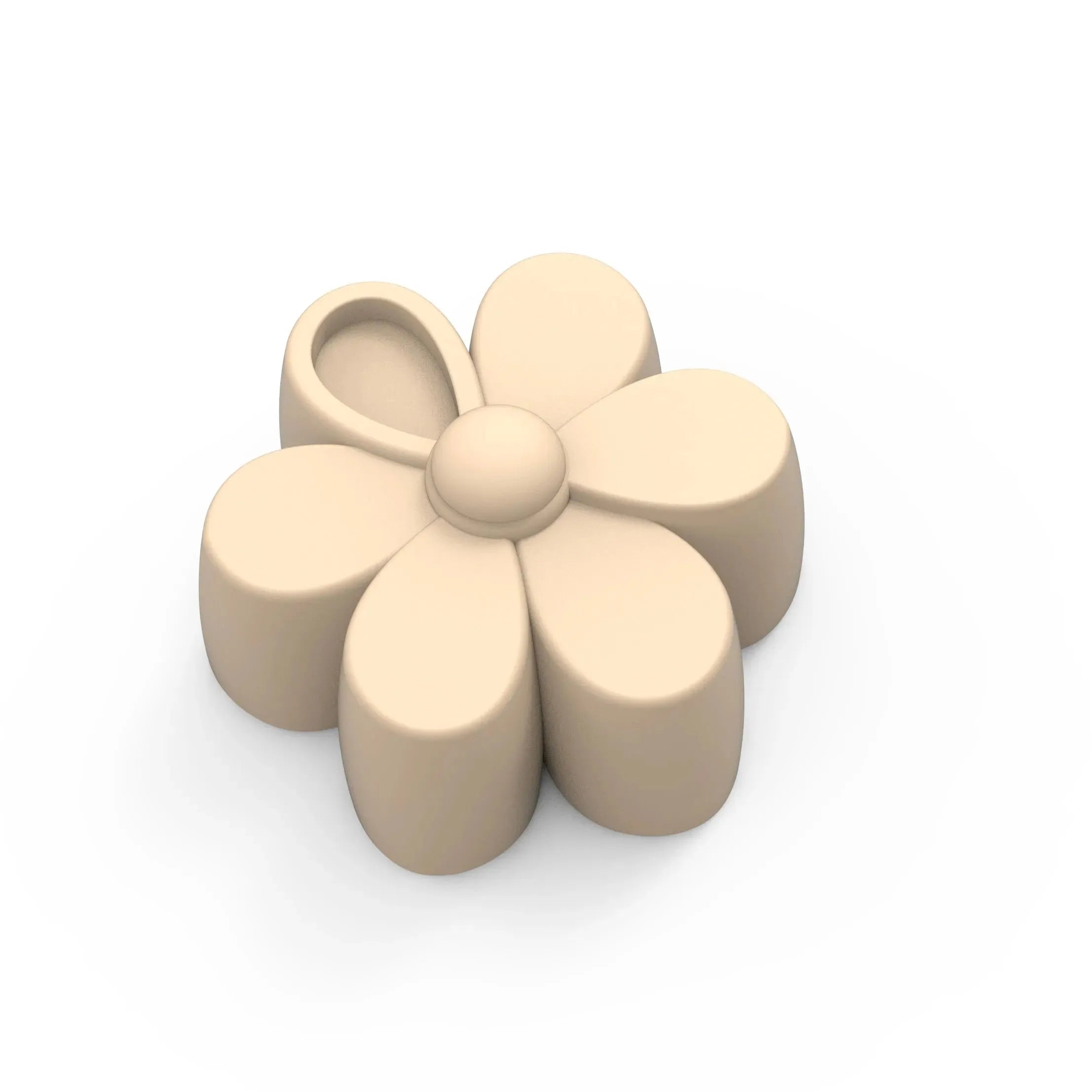Beige silicone daisy-shaped pastry mold with six rounded petals and a central dome.