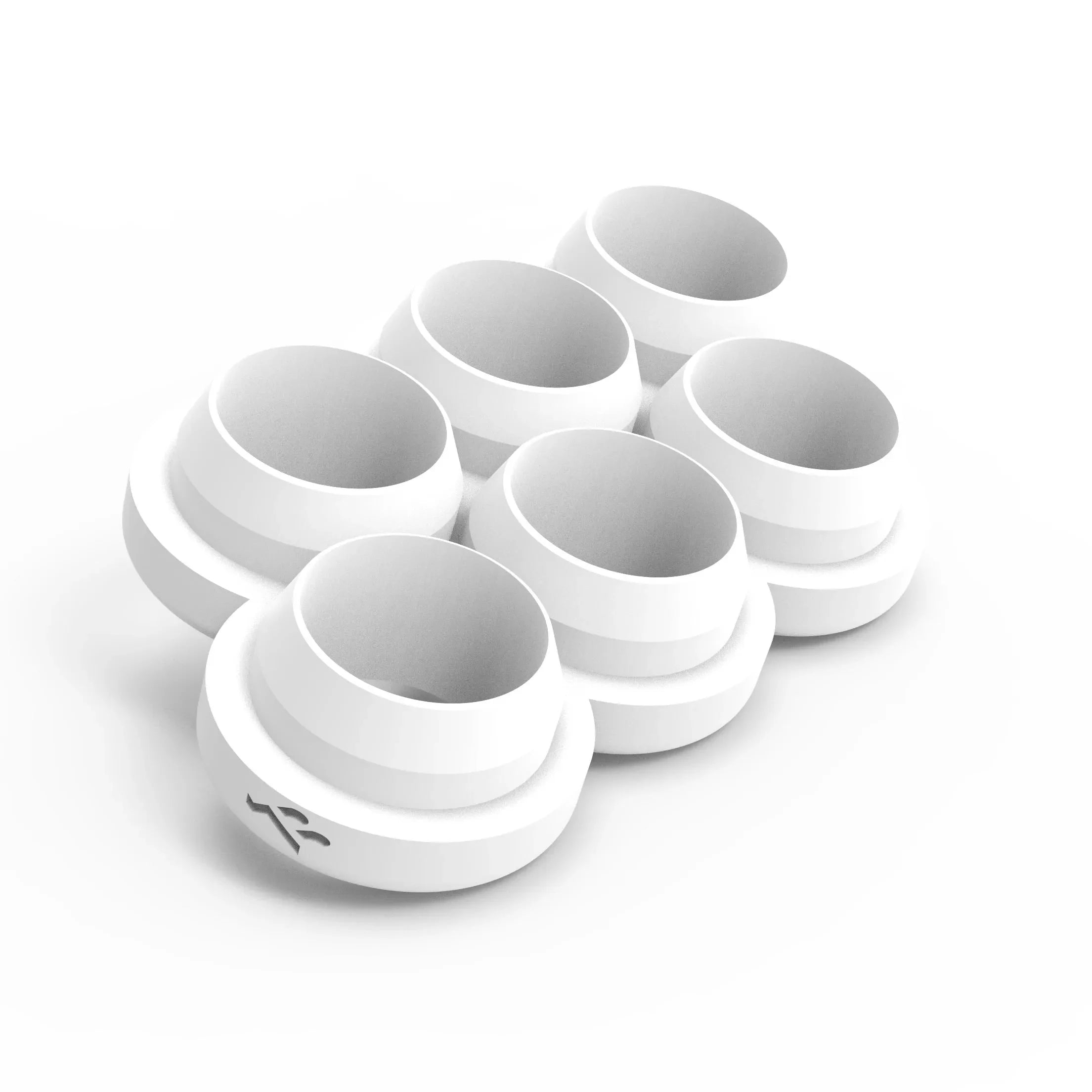 White multi-circle cookie cutter with six round, tapered molds in a grid layout.
