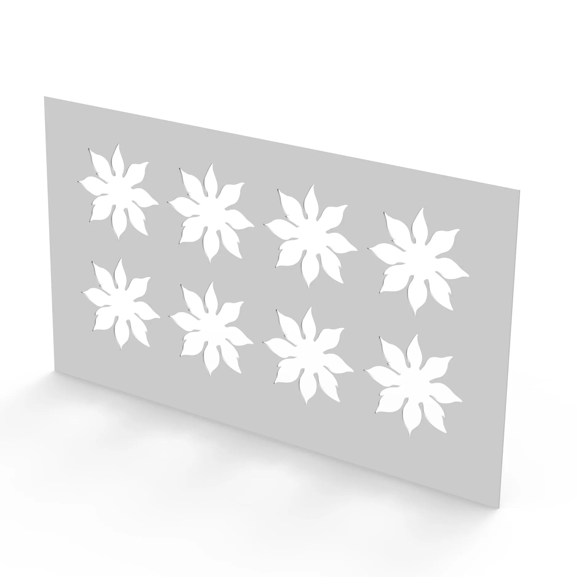 White plastic pastry stencil with eight strawberry calyx leaf cutouts.