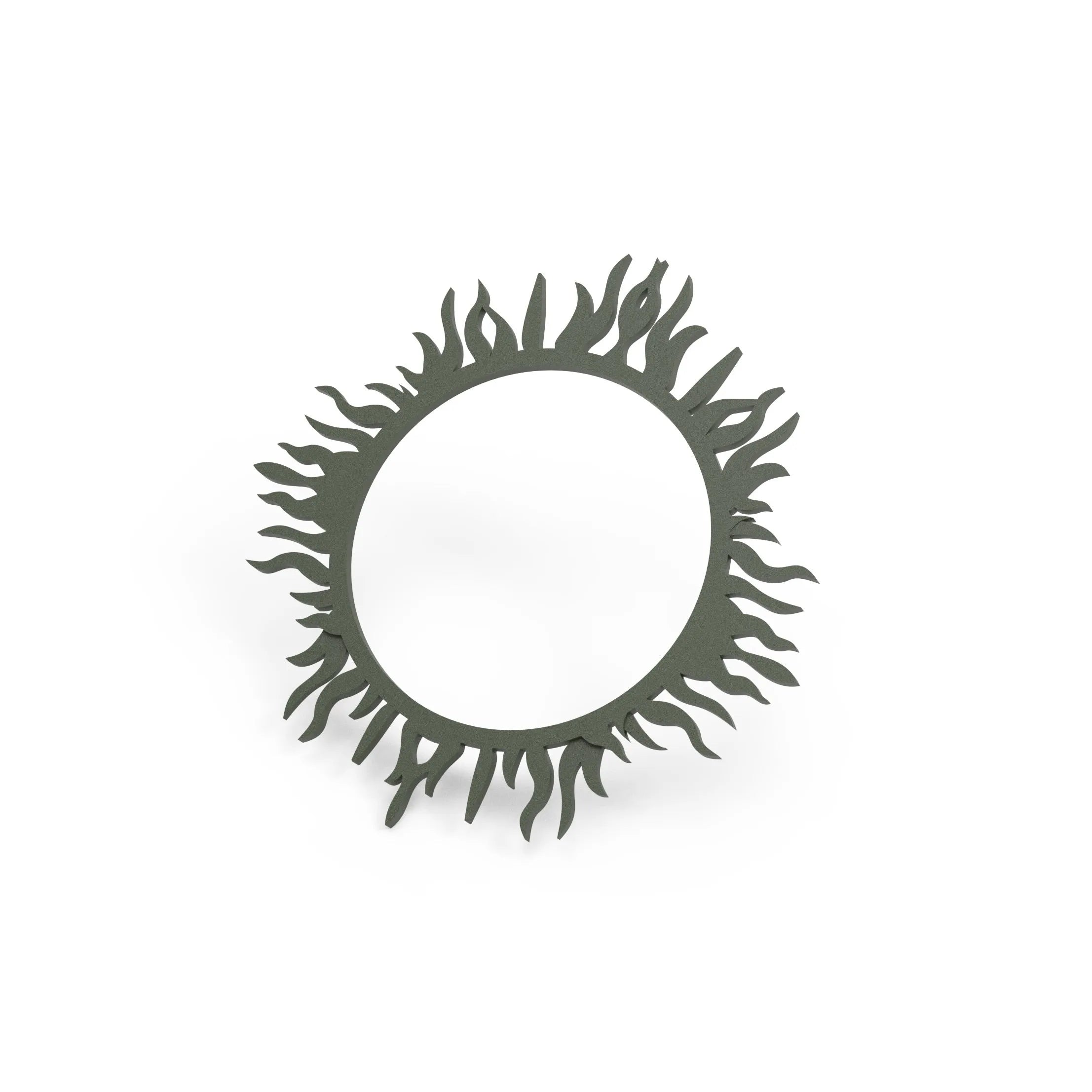 Dark green spirulina tuile ring with wavy, flame-like organic shapes on a white background.