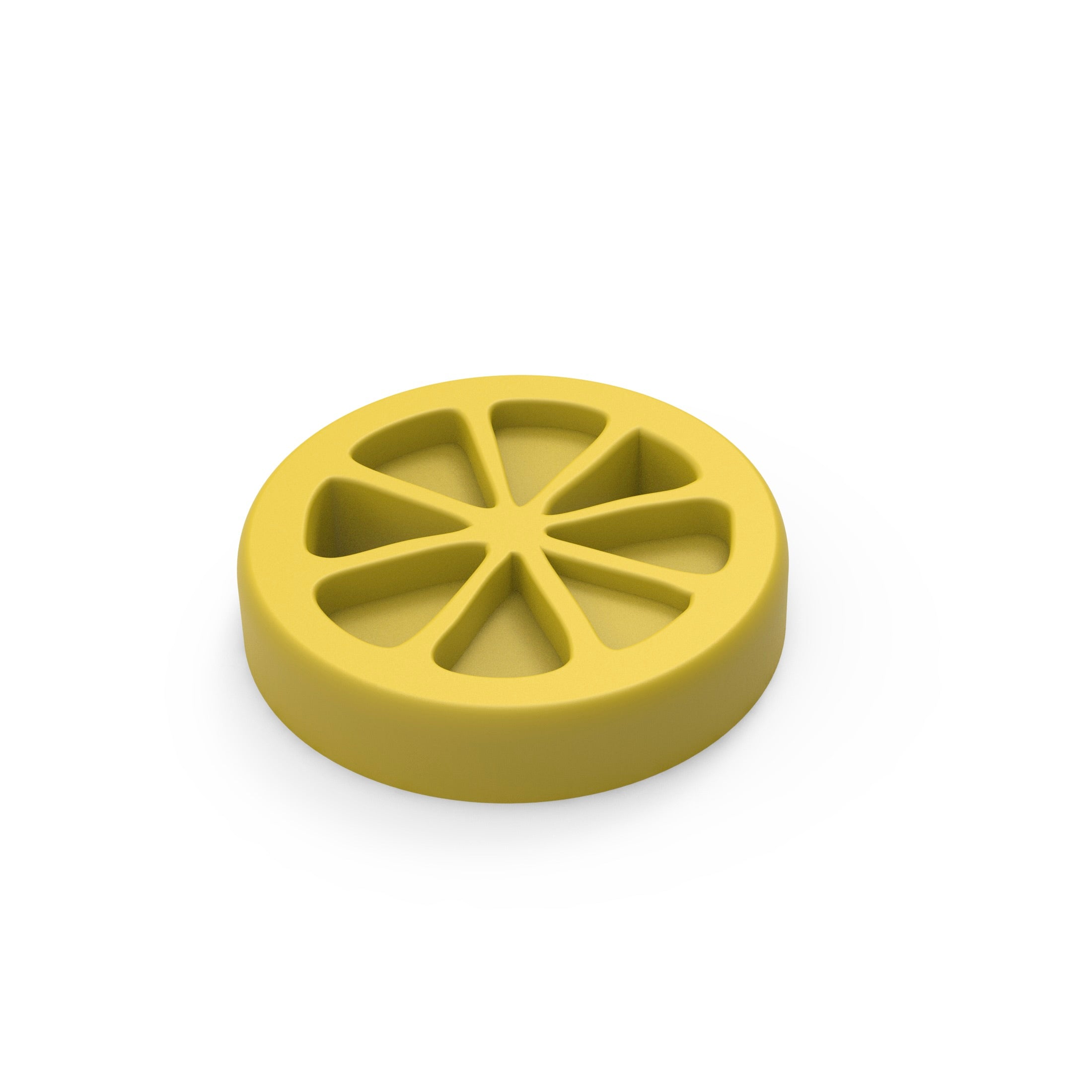 Yellow silicone mold in a round lemon slice shape with eight segmented cavities.