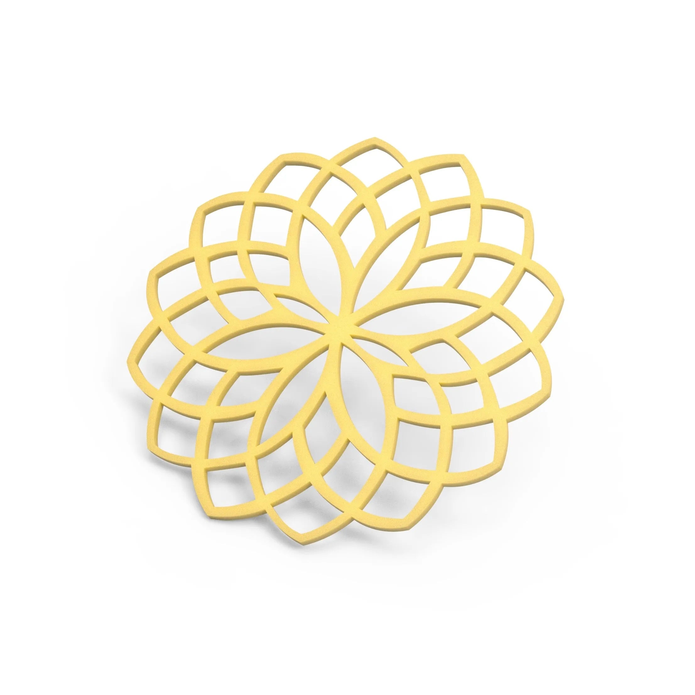 Yellow rosette silicone tuile mat with an intricate, geometric floral pattern.