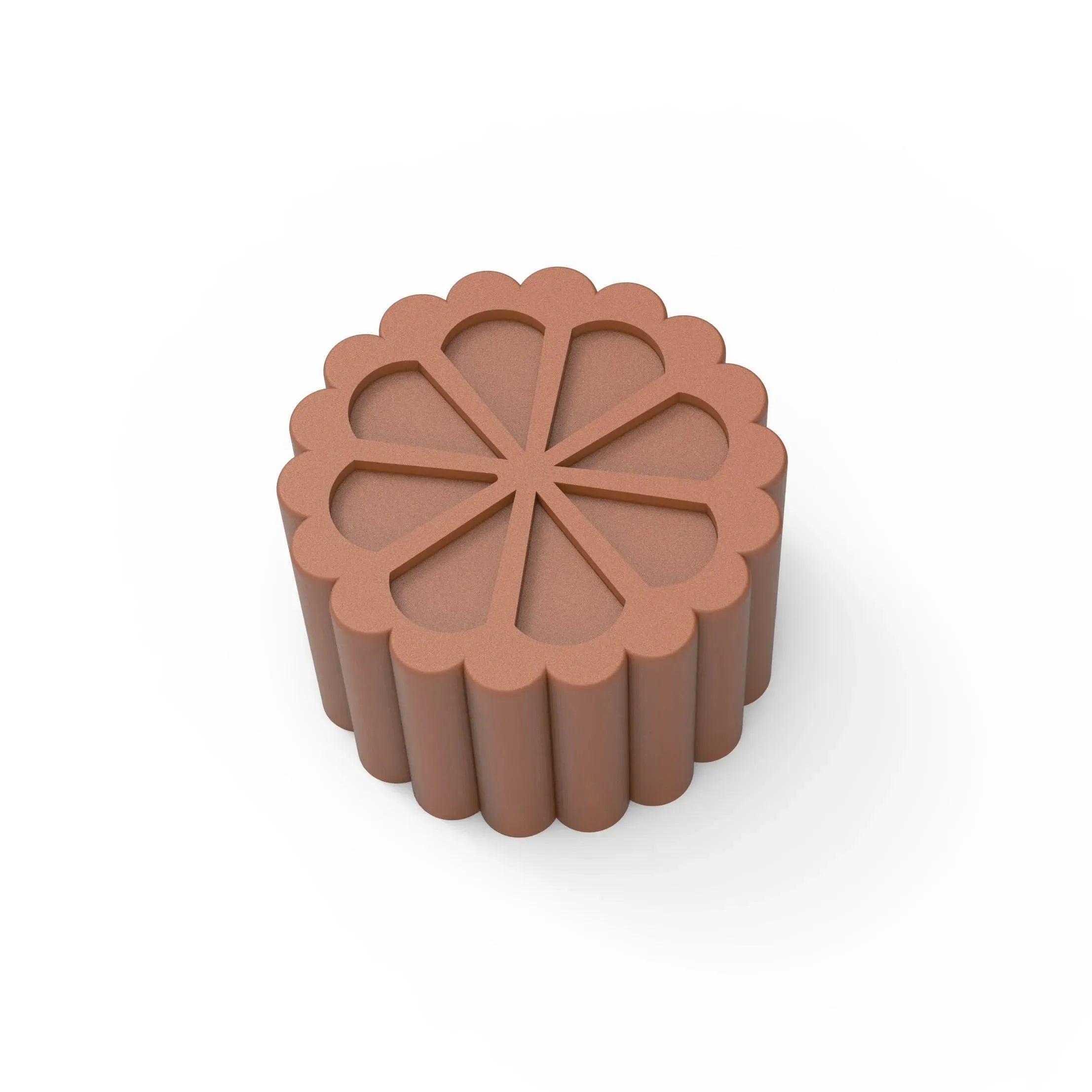 Brown silicone fluted flower mold with a scalloped edge and eight-petal design.